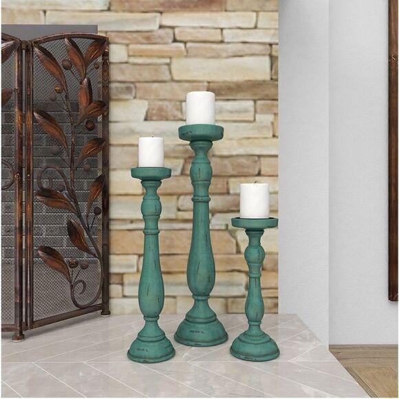 Pier 1 Imports Traditional Turquoise Wood Set of 3 Candle Holders - Picture 10 of 12